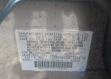 2020 Nissan Kicks Sv Xtronic Cvt z USA, uszkodzony, nr VIN 3N1CP5CV7LL518601